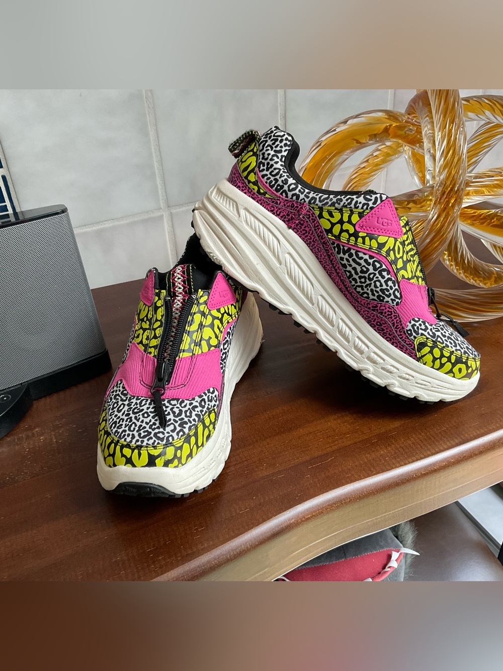 UGG Women's Pink, Neon Yellow & Black Animal Print Platform Sneakers